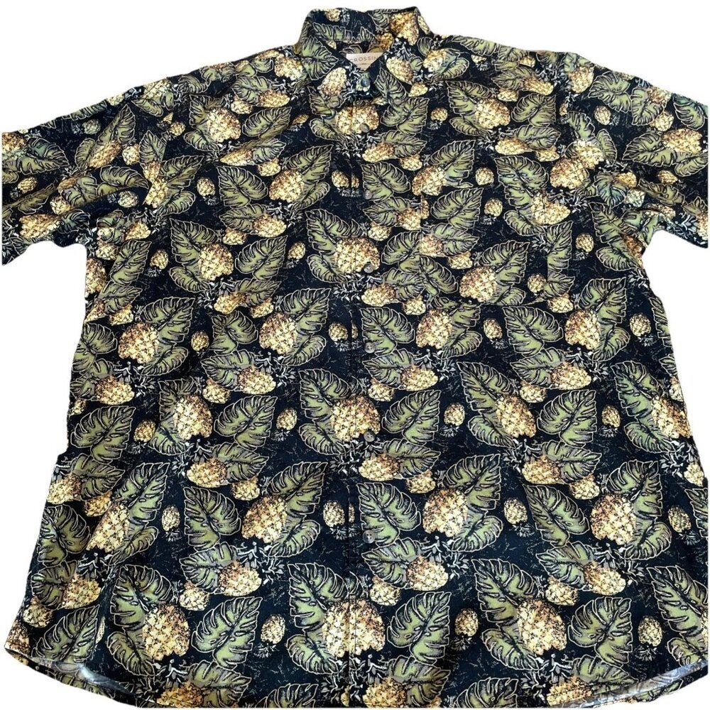 Crossings Men's Hawaiian Shirt Size L Black Pineapple Palm Leaf Vacation Beach